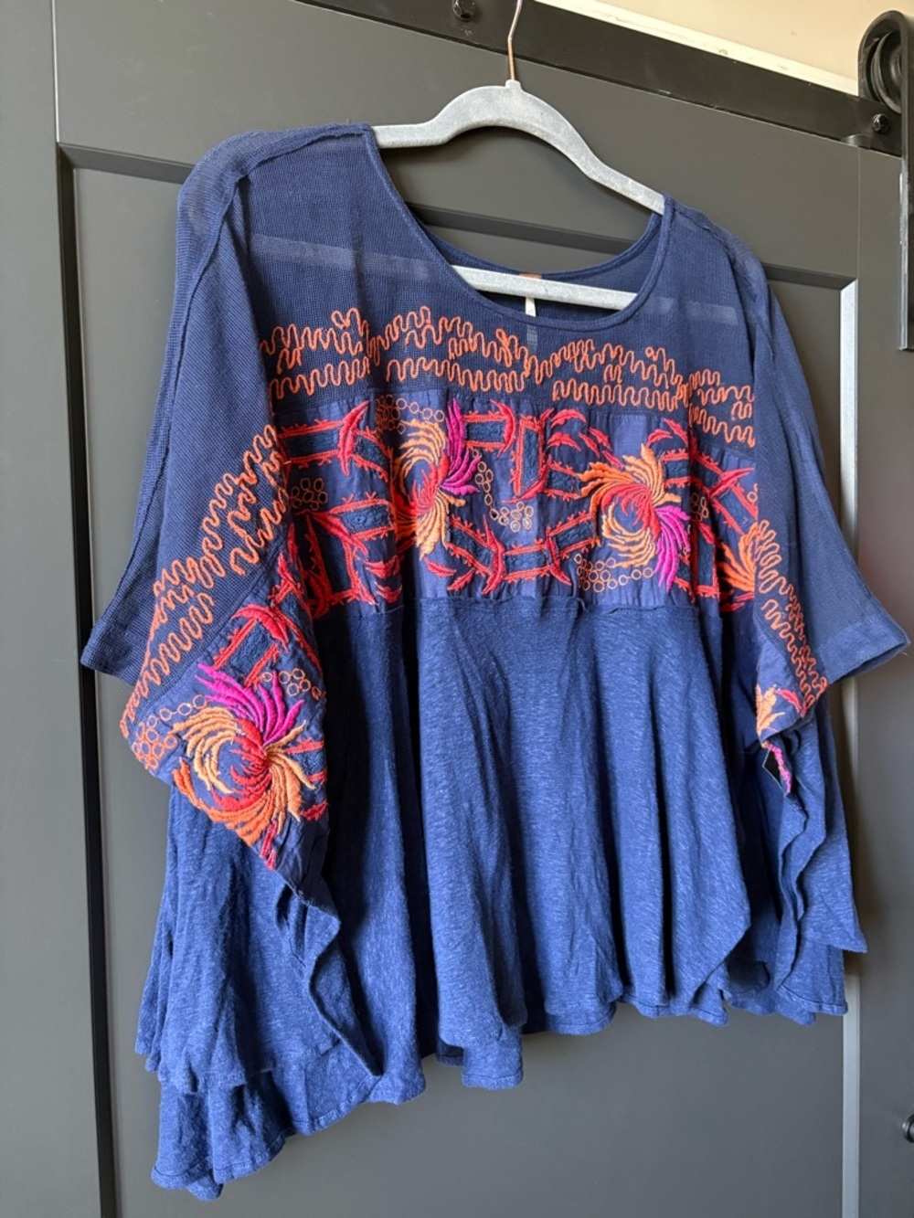NWT Free People Navy Boho Embroidered Swing Top | Pink & Orange Accents | Linen - Picture 2 of 6